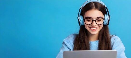 Happy young woman with glasses and headphones smiling at her laptop, receiving best wishes for remote learning