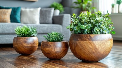 Fototapeta premium Wooden planter trio on hardwood floor in living room with plants and couch