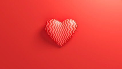 Red wavy heart with soft shadow on a red background. Valentine's day romantic backdrop. 3d render illustration.