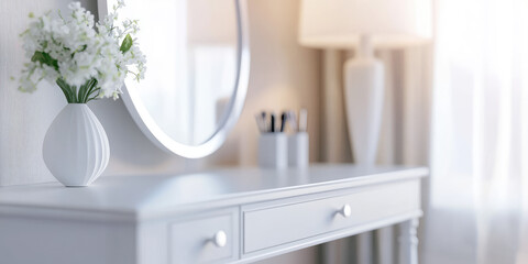 Dressing table for makeup in the interior of the room. Modern dressing table with a mirror with illumination