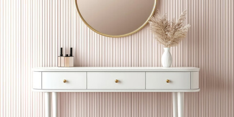 Dressing table for makeup in the interior of the room. Modern dressing table with a mirror with illumination