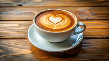 Close Up White Coffee Cup Latte Art Heart Wood Table Rule of Thirds