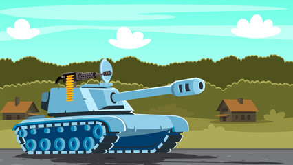 Cartoon Blue Tank Stands on the Road in Front of Destroyed Rural Houses. European or American Village during military operations.