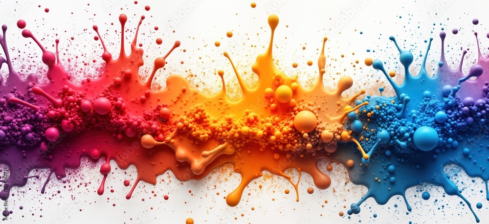 Poster Colorful vibrant paint splashes form dynamic abstract art piece. Rainbow colors mix on white background in pattern of splatters, drops. Bright paint bursts create eye-catching design. Abstract art