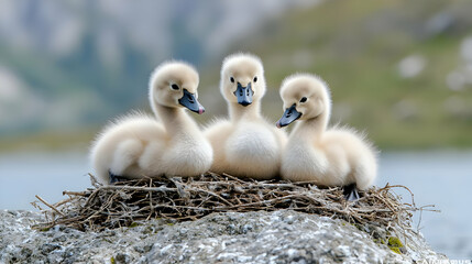 Fototapeta premium Three fluffy cygnets sit together in a twig nest on a rock near a mountain lake.