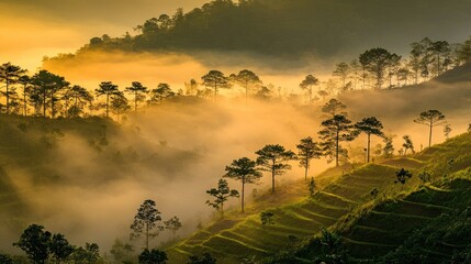 Golden Sunrise Illuminates Misty Mountain Landscape
