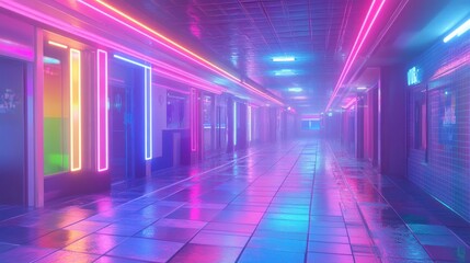 Fototapeta premium Neon Lit Hallway Cyberpunk Retro Futuristic Scene