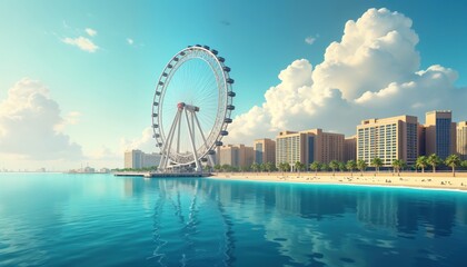 Obraz premium Scenic daytime view of Dubai cityscape, Ferris wheel. Calm ocean water meets sandy beach. High-rise buildings, palm trees line coast. People relax on beach. Beautiful panoramic view of modern