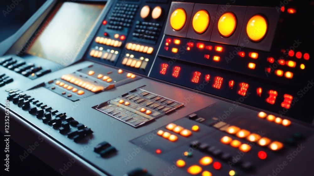 Poster Illuminated Control Panel With Numerous Buttons And Dials