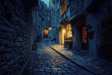 Obraz premium A Cobblestone Street at Night in a Medieval Town