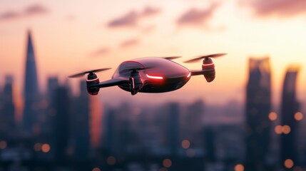 Futuristic Red Drone Soaring Over City at Sunset