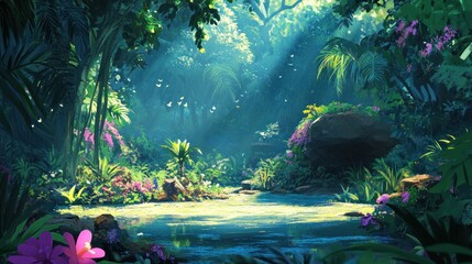 Lush Tropical Forest Stream With Butterflies And Flowers