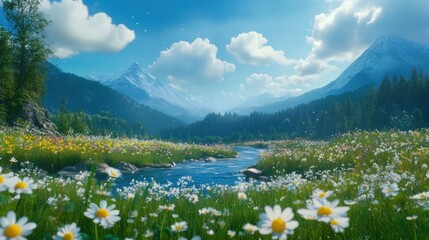 Serene Mountain Meadow River Flowers Sky