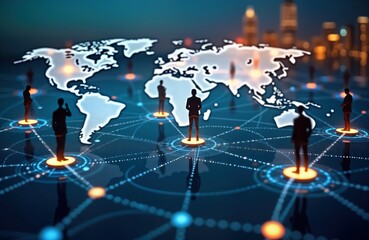 Global business network structure. Businesspeople connected worldwide by digital tech. Global communication shown as interconnected dots. Modern, futuristic concept. Illustrates virtual cooperation.