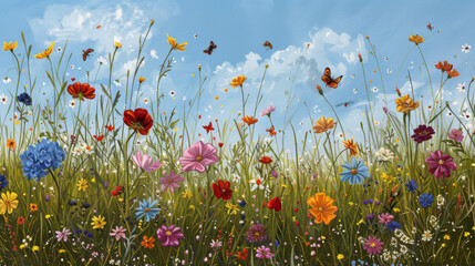 Fototapeta premium Wildflower Meadow in Spring: A field bursting with colorful flowers and buzzing insects.