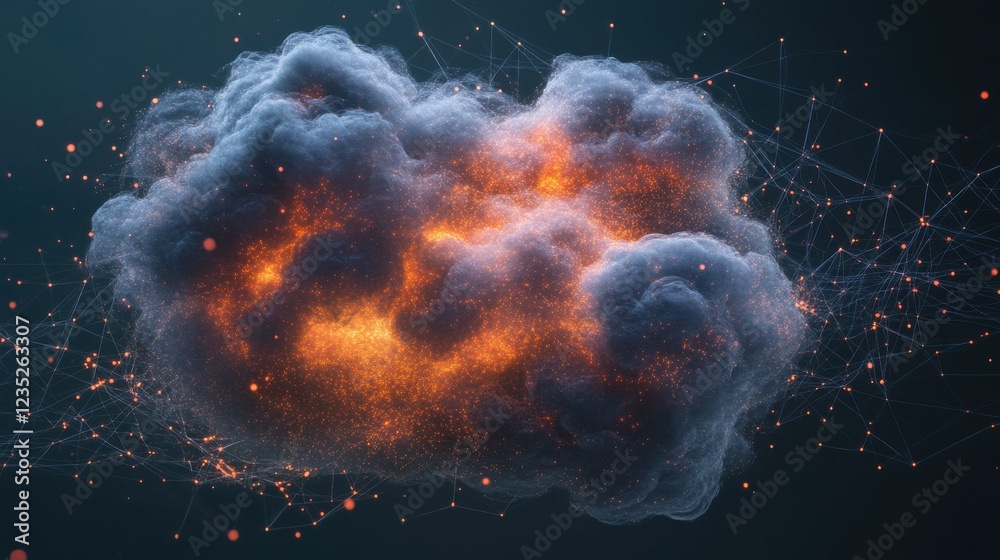 Poster a digital representation of a cloud with connected network nodes, symbolizing cloud computing and da