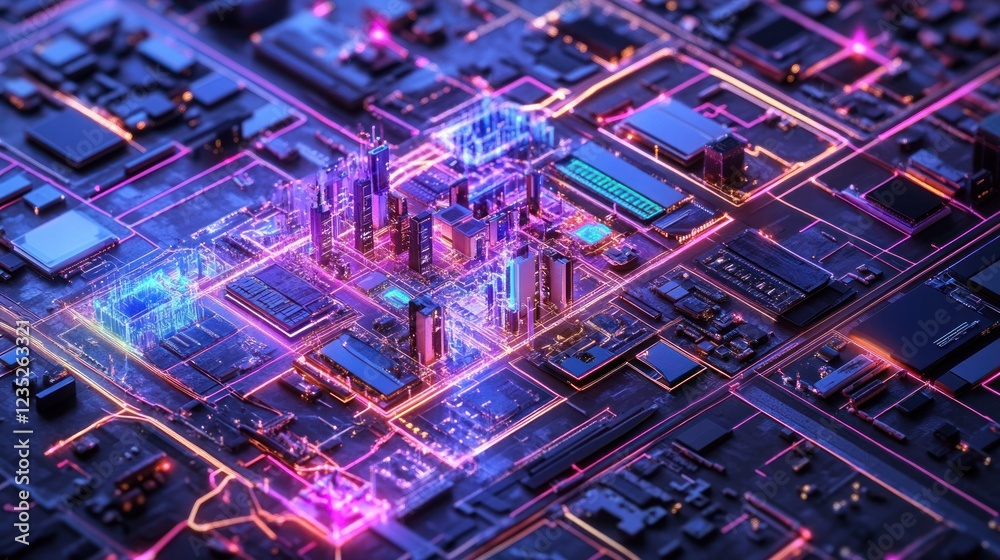 Poster a futuristic city built within a complex circuit board
