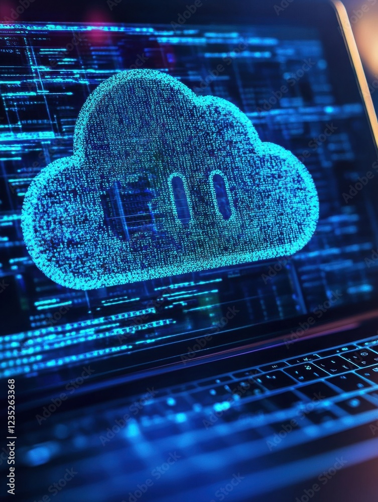 Poster closeup of a cloud data encryption key generation process, displayed on a laptop screen with secure 
