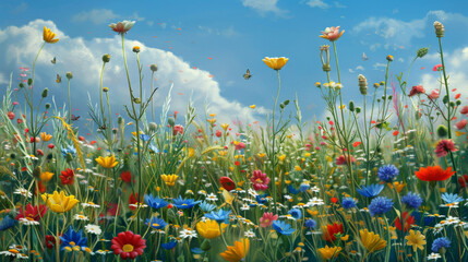 Wildflower Meadow in Spring: A field bursting with colorful flowers and buzzing insects.
