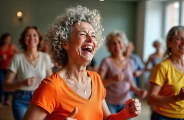 Fotobehang Group of senior women enjoy joyful dance class. Women move together with happy expressions. Indoor setting suggests gym fitness center. Photo captures active lifestyle of elderly people. Focus on © miss irine
