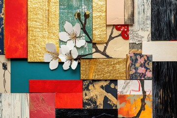 Abstract Collage Featuring Gold Leaf And Cherry Blossoms
