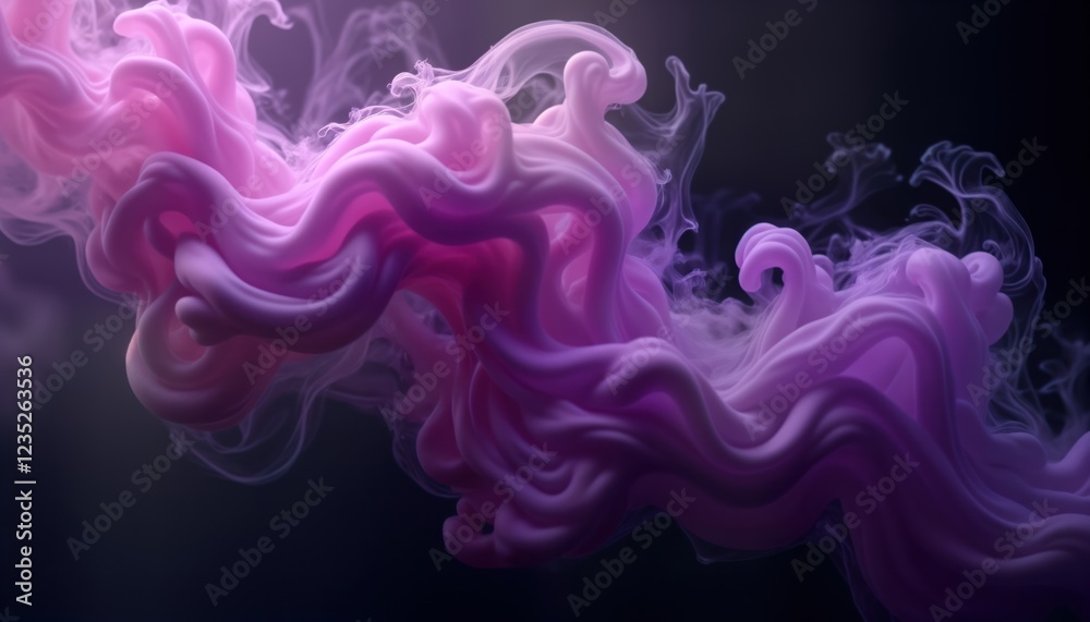Poster Purple smoke swirls dynamically against dark background creating intricate patterns. Abstract, visually captivating flow of purple smoke. Fluid, smooth patterns. Motion, energy. Dark, light purple