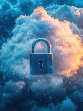 Digital cloud storage security concept featuring a padlock against a backdrop of fluffy clouds and abstract designs, symbolizing data protection and privacy in technology.