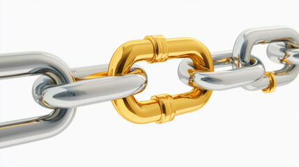 Obraz premium shiny chain with gold link among silver links, symbolizing strength and connection