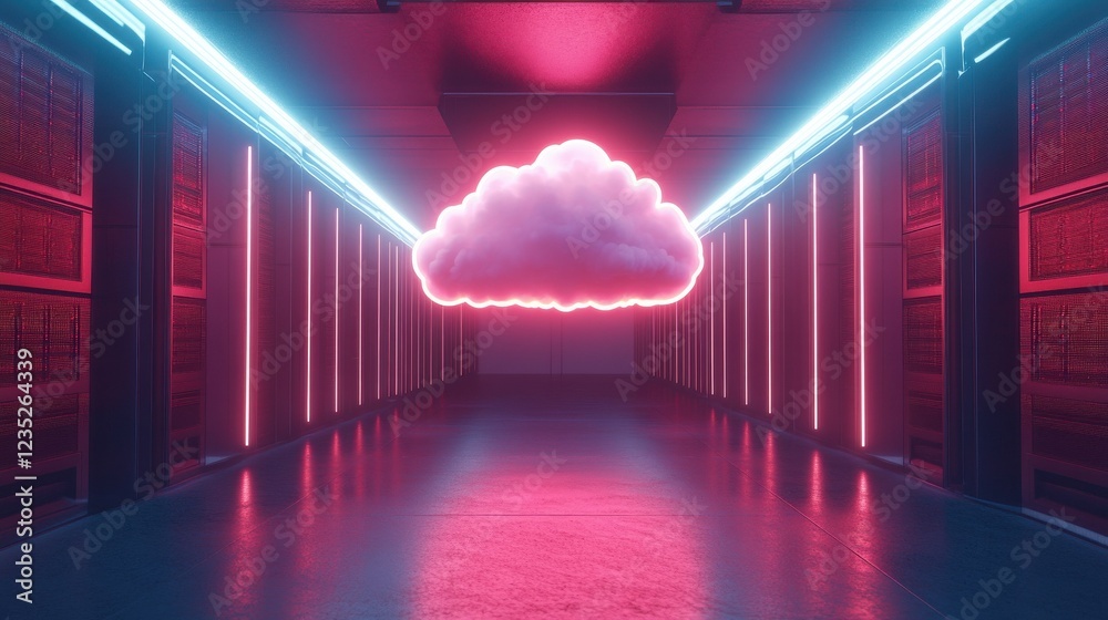 Poster futuristic cloud data center with neon lights - a cloud floating in the center of a data center illu
