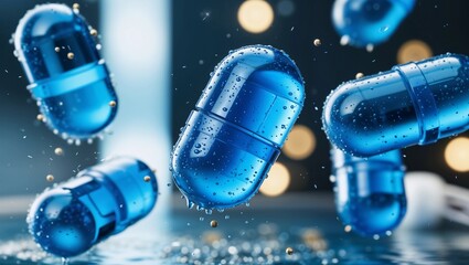 Blue tablets fall against a background with space for your text or design. Studio background
