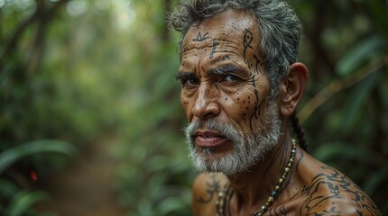 Obraz premium Elderly Indigenous Man with Sacred Tribal Tattoos in a Verdant Jungle