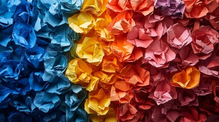 A colorful paper flower arrangement with blue, yellow, and red flowers