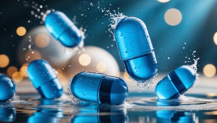 Blue tablets fall against a background with space for your text or design. Studio background