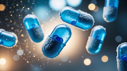 Blue tablets fall against a background with space for your text or design. Studio background