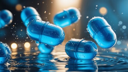 Blue tablets fall against a background with space for your text or design. Studio background