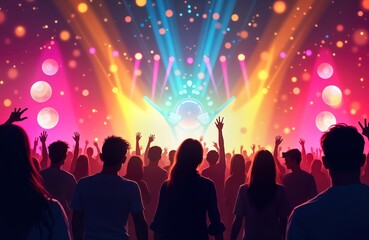 Silhouette crowd dances at vibrant neon light music event. People cheer, raise arms at night music show. Energetic party atmosphere. Nightlife music festival. Live performance. Crowd of young people.