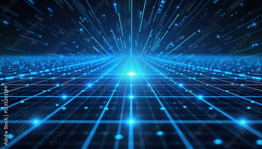 Poster Futuristic abstract design with symmetrical blue radial lighting effect. Grid perspective background creates motion, glow. Digital pattern resembles tech space theme. Glowing lines, points arranged