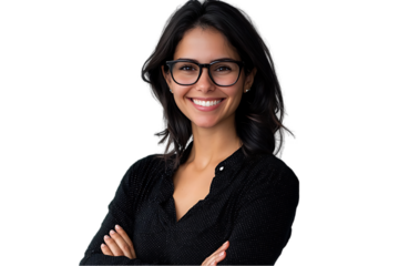 Portrait a happy woman wearing glasses, smiling with arms crossed isolated on transparent background
