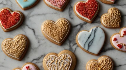 Elegant Heart-Shaped Cookies on Sleek Marble Board with Icing and Sugar Sprinkles