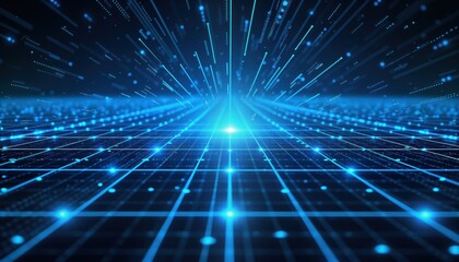 Futuristic abstract design with symmetrical blue radial lighting effect. Grid perspective background creates motion, glow. Digital pattern resembles tech space theme. Glowing lines, points arranged