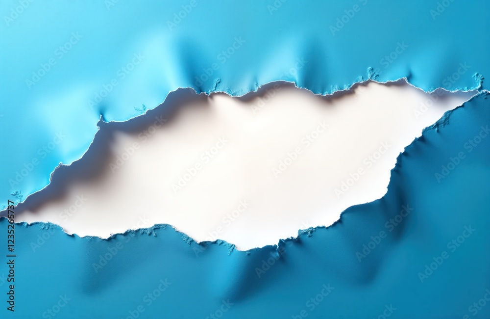 Poster Torn blue paper with white background. Abstract ripped paper design. Blank space for message or text. Ripped paper texture. Creative design element. Modern poster concept.