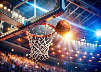 Close-up Basketball Hoop in Arena, Intense Game Background - Stock Photo
