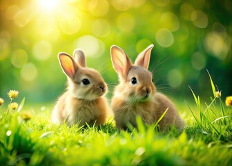Obraz premium Cute Rabbits Grazing - Easter Meadow - Sunny Day - AI Photo