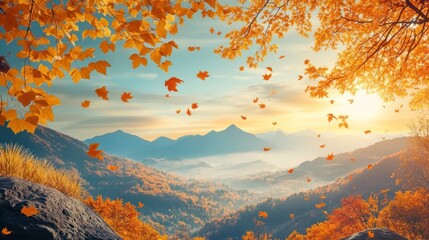 Autumn Leaves Falling Over Misty Mountain Valley