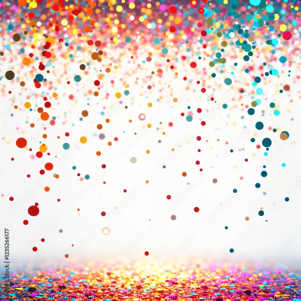 Poster colorful confetti falls over sparkling surface. festive glitter particles create vibrant winter holi