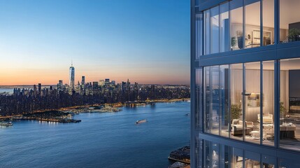 Naklejka premium Modern Apartment Overlooking Nighttime Manhattan Skyline