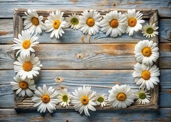 Obraz premium Daisies on Shabby Wood, Aerial Floral Background