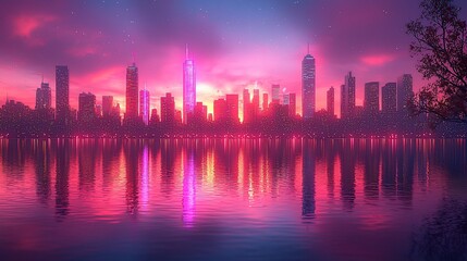 Fototapeta premium Cityscape Reflection: A Vibrant Pink Sunset Over a Metropolis