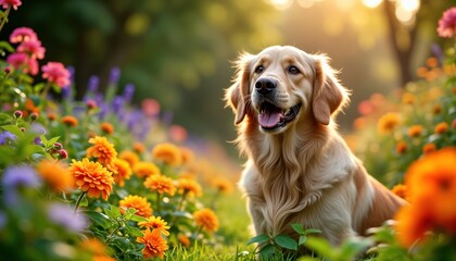 Golden retriever dog rests in sun-drenched garden. Colorful flowers surround cute pet. Summer scene in vibrant garden shows happy animal. Adorable pet in nature. Relaxing and joyful dog.
