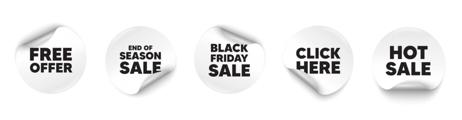 Free offer sticker tag. Season sale, Black friday paper price banners. Free offer tag. Special offer sign. Sale promotion symbol. Click here sticker. Vector